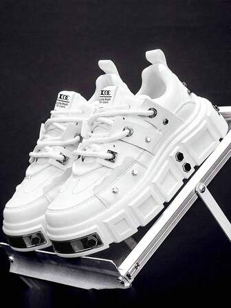 (Run Small) Men's Metal Cyberpunk Style Eyelet Decor Athletic Sneakers, New Sexy Nightclub Stage Fashion High Heel Thick Sole Flat Casual Shoes, Retro Chunky Sneakers, Original Exterior Design Sturdy Durable Running Shoes, Suitable For All Seasons, Punk Style British Style Korean Version, Applicable For Brand Men Shoes