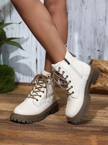 2025冬季新款女鞋，保暖冬靴，时尚百搭休闲女鞋，真皮踝靴，黑白系带侧拉链踝靴，平底女靴，女士踝靴，时尚女靴 - 米色 - 查看 7