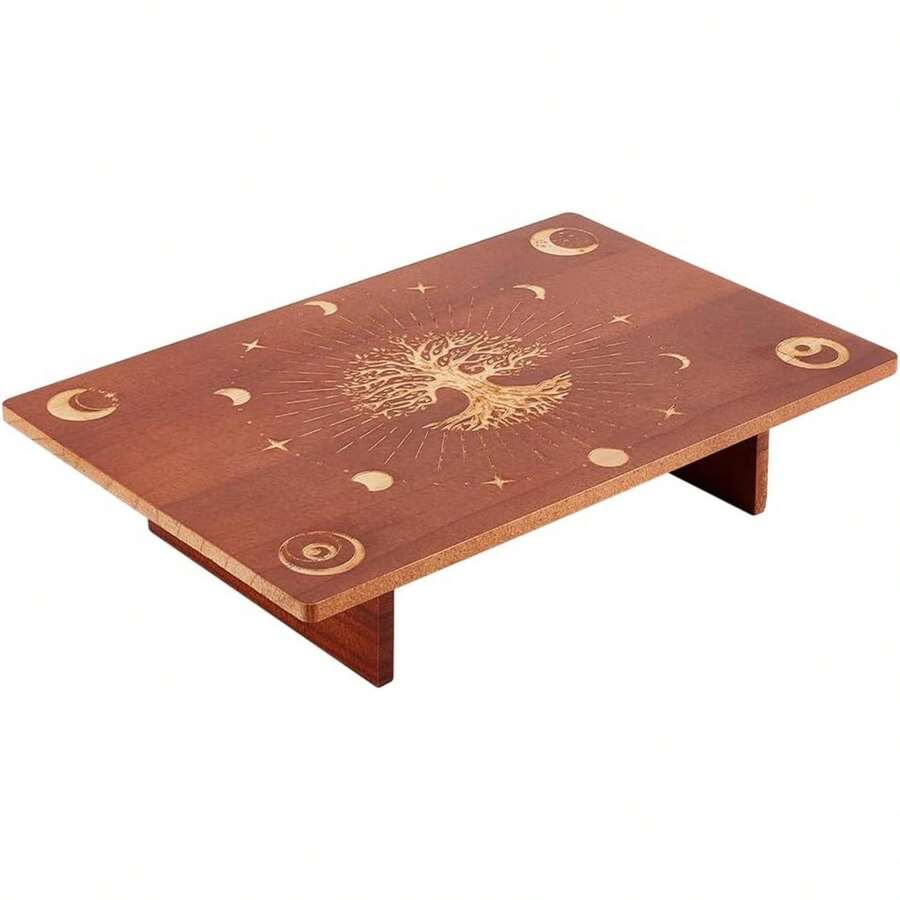 Altar Table, 11.8x7.8inch Wooden Meditation Altar Wiccan Alter Table Buddhist Shrine Moon Phase The Tree Of Life Pattrns Engraved Table For Room Decor Wiccan Supplies