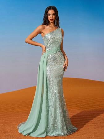 AOSHABABI Mintgrön enaxlad paljettklänning för kvinnor, chiffong med fladdrande band i sidan ger livfullhet, sjöjungfrulig fåll som svajar elegant, lämplig för alla formella tillfällen, musikfestivaler, galor, bröllopsgäster, högtidsfester, examensdanser, cocktailevenemang, dejter, helgdagar och brudtärnor