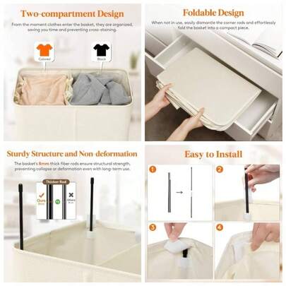 160L Large Laundry Hamper With Lid, Laundry Basket 3 Section With Removable Washing Bags, Divided 3 Compartments Laundry Sorter Organizer Bedroom Bath