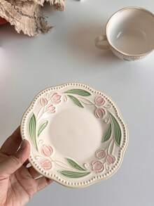 300ml 复古做旧浮雕郁金香咖啡杯碟套装，活性釉花卉陶瓷杯，适合下午茶、早餐杯、牛奶杯、拿铁艺术杯、礼物 - 彩色 - 查看 8