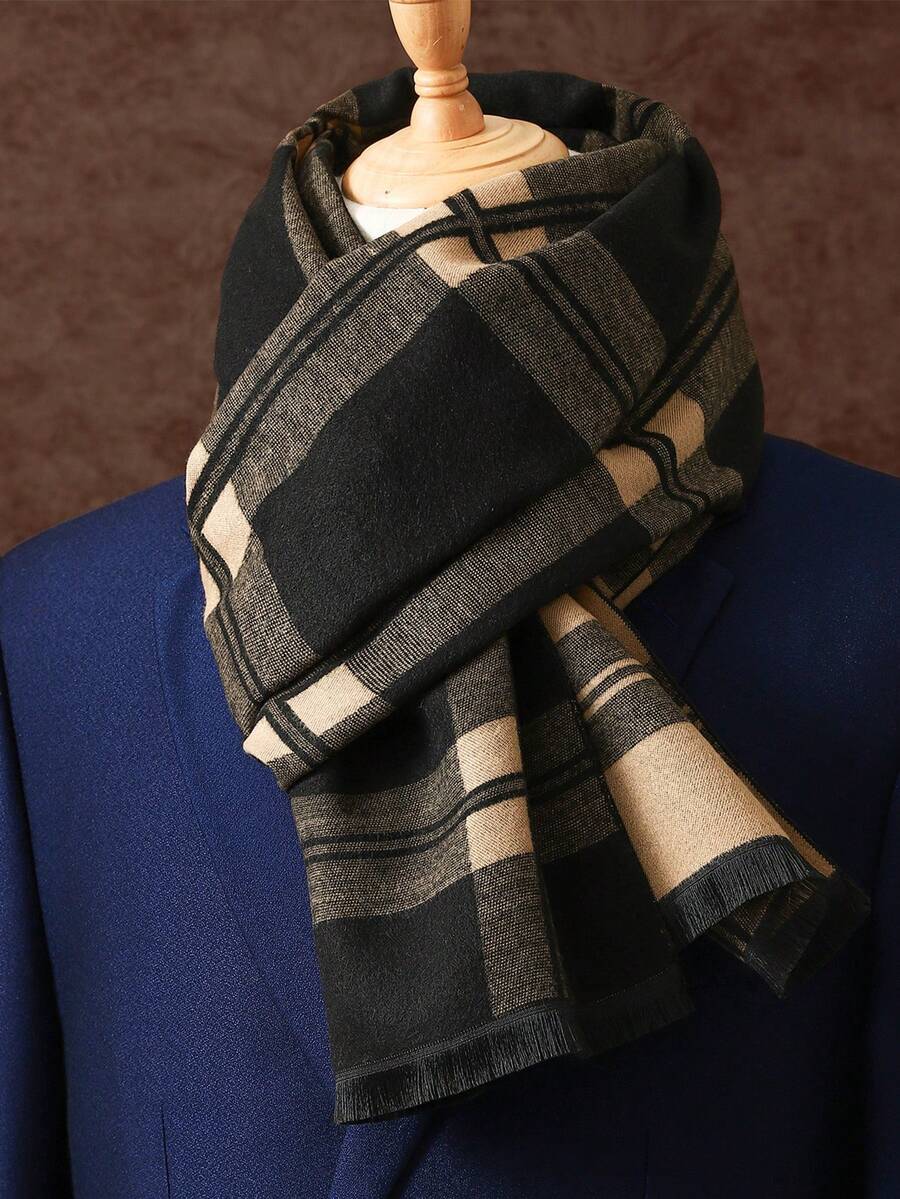 1 件流苏围巾，经典格子围巾，男女通用商务围巾，奢华披肩，男士时尚印花围巾 180 * 30 厘米，适合商务 - 彩色 - 查看 1