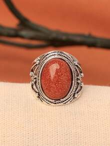 1枚仿古镀银椭圆形砂岩戒指