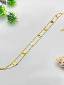 قلادة نسائية من الطبقتين بعنصر النجوم والقمر باللون الذهبي، قلادة خانق من الفولاذ المقاوم للصدأ بشكل النجوم والقمر، إكسسوار يومي متعدد الطبقات، هدية