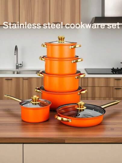 12-Piece Stainless Steel Cookware Set, Non-Stick Cookware Set, Heat-Resistant, Frying Pan, Saucepan, Stew Pot, Versatile, Stylish, Durable, Suitable For Induction Cooktops