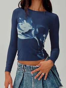 Women's Spring Fall Floral Tops Long Sleeve Round Neck Slim Fit Blouse For Party - Azul - Ver 4