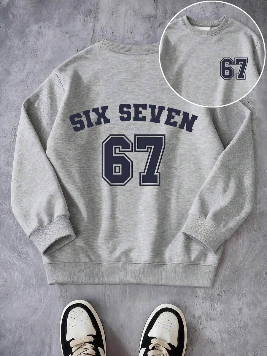 青少年/兒童 “六”和“七”字母和數字後背印花 落肩衛衣運動衫 oversize休閒百搭寬鬆長袖上衣 - 淺灰色 - 查看 1