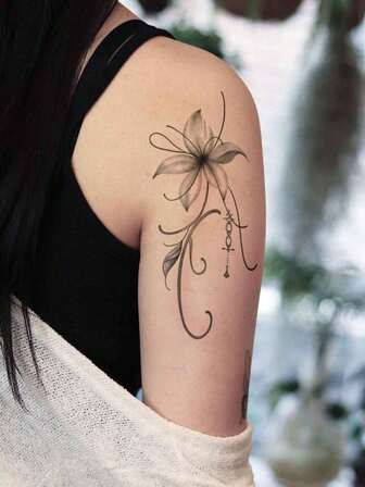 1pc Y2K Style Lily Flower Waterproof, Sweat-Proof, Washable, Non-Reflective Temporary Tattoo Sticker, Realistic Arm/Shoulder Tattoo Design, Suitable For Fashion Enthusiasts