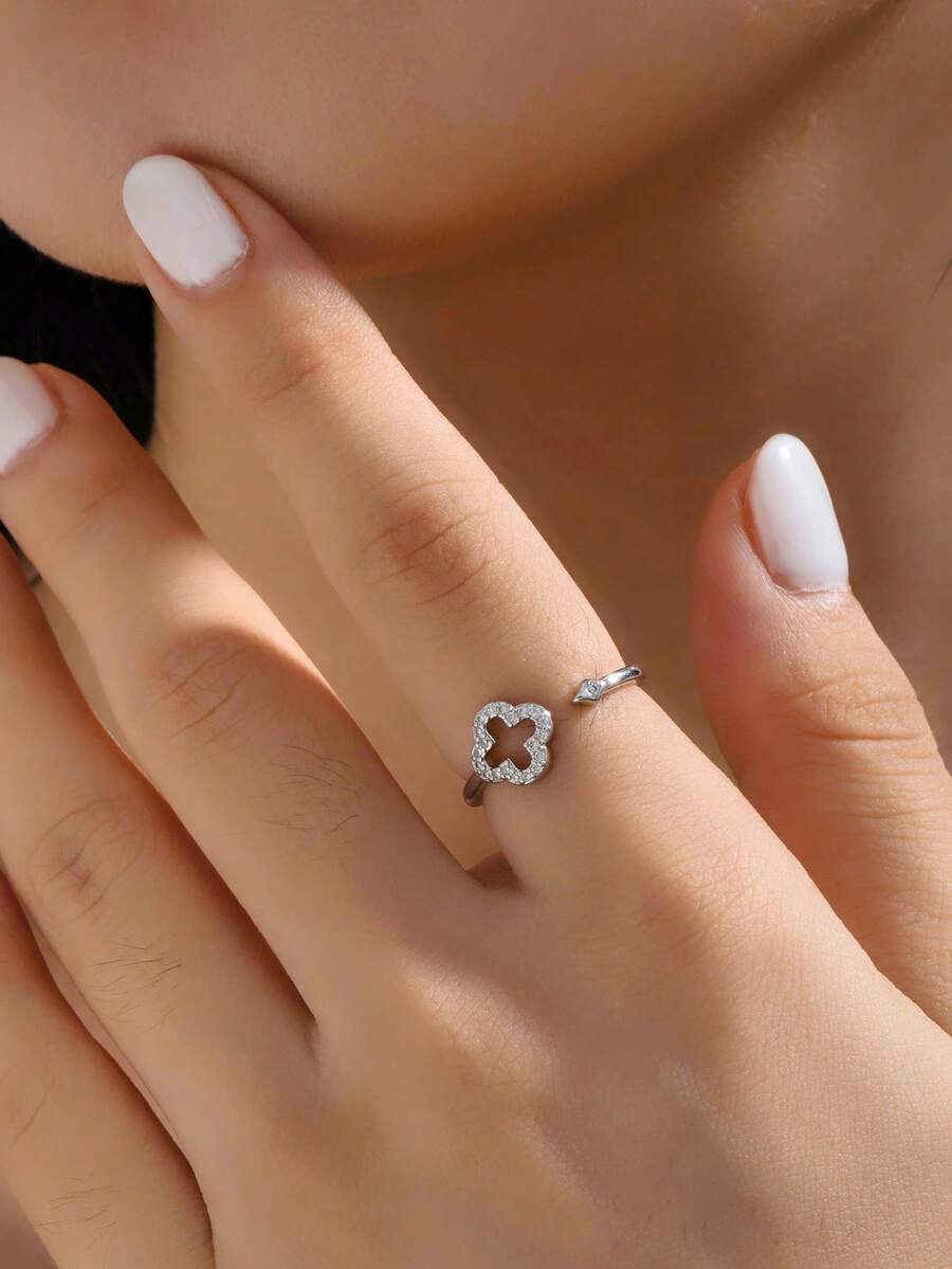 1pc Fashionable Hollow Rhinestone Clover Adjustable Ring For Women - Silver - View 1