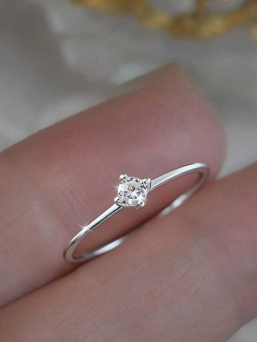 1 PC French 4 Prongs Setting Minimalist Ring Ladies Jewelry S925 Sterling Silver White Gold Plated Fine Jewelry Daily Wear Gifts