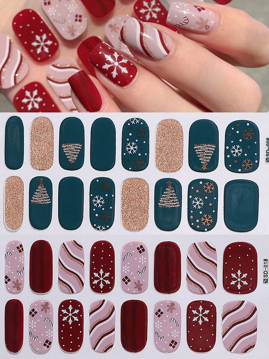 قطعتان من ملصقات أظافر شجرة عيد الميلاد المزينة بالبريق الذهبي، أغلفة كاملة للأظافر 16 طرف، شرائط طلاء الأظافر بنقوش رقائق الثلج ورجل الزنجبيل وخطوط قصب السكر، شرائط أظافر DIY للنساء والفتيات مع ظهر لاصق سهل الاستخدام