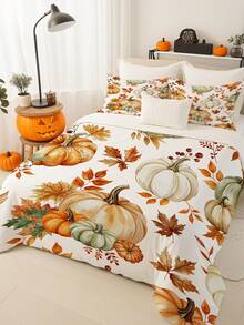 3pcs Watercolor Style Autumn Feast Print Duvet Cover Set (1*Duvet Cover + 2*Pillowcase, Without Core), Vintage Warm, Interwoven With Pumpkin And Autumn Leaves, Soothing Visual Fatigue, Suitable For All Seasons, Suitable For Hotel, Bedroom, Guest Room And Dormitory Decoration Bedding