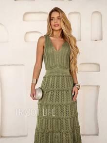 Women's Midi Dress Knit Summer Crochet Ruffles Party Beach Elegant - 橄欖綠 - 查看 3