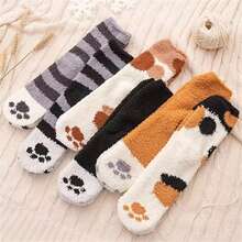1/3/6 Pairs Of Women'S Multi-Color Autumn And Winter Cute Fun Cat Claw Socks Coral Fleece Mid-Tube Socks Sleep Thick Warm Sweet Floor Socks - Multicolor - View 5