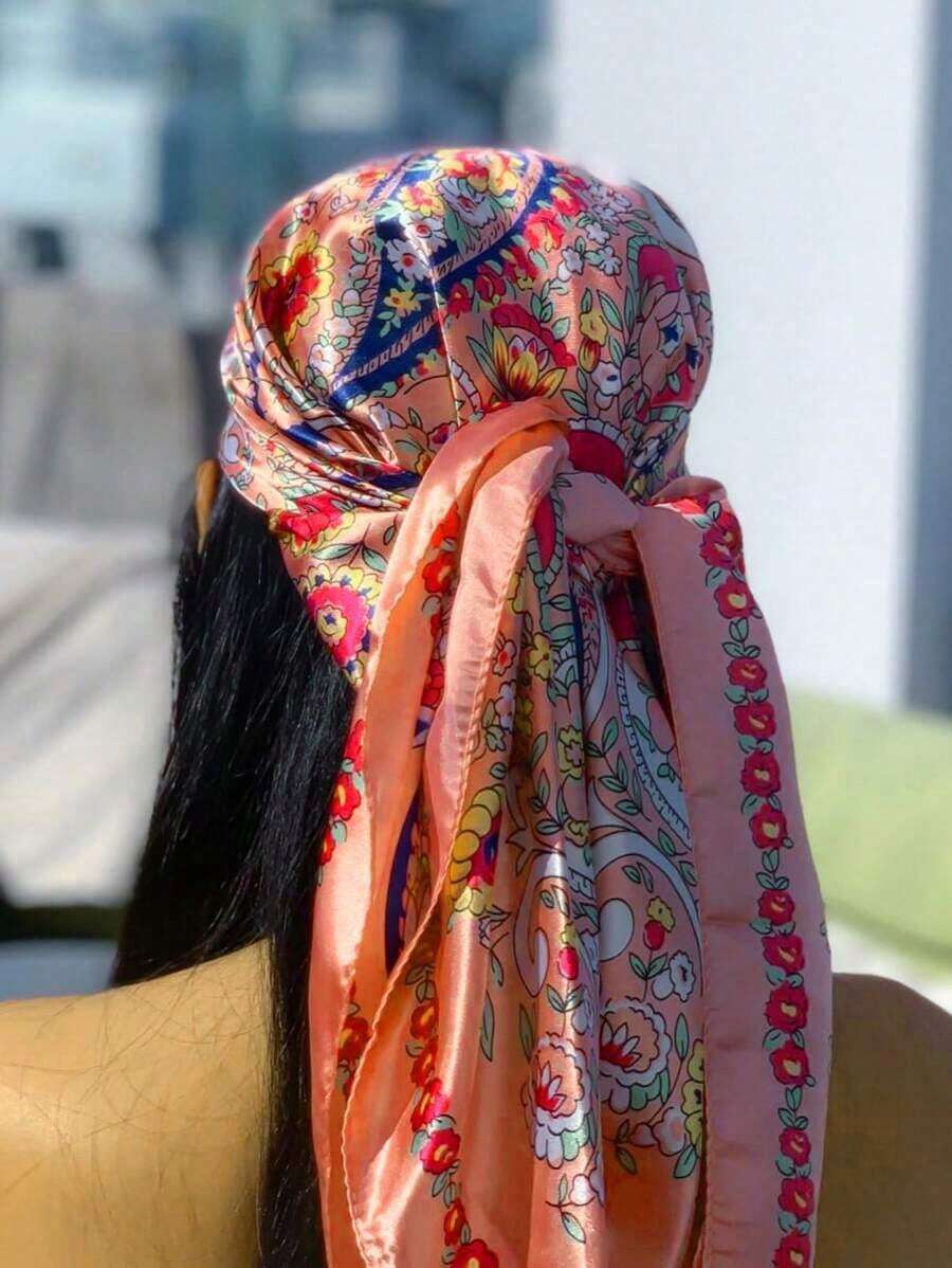 1PC Women's Red & White Paisley Printed Bandana, 90CM Large Satin Square Scarf, Silk-Feel Hair Wrap, Stylish Headscarf For Women, Elegant Hair Accessory For Casual & Formal Wear - 粉色 - 查看 1