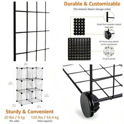 6 Cube Wire Grid Stackable Storage Shelves, Black, 66x 32x 96.5
