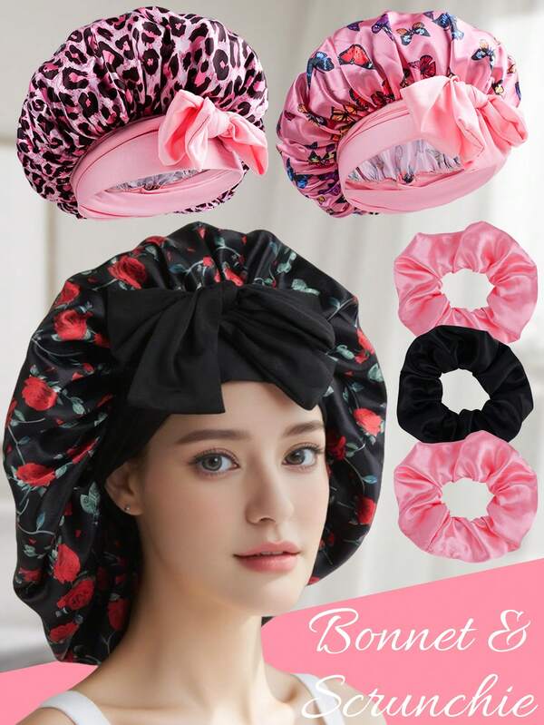 2pcs Set Satin Silk Bonnet Set For Women With Adjustable Soft Tie Band, Hair Bonnet For Sleeping, Night Sleep Cap, Printed Leopard Pink Black Flower Curly Hair Sleep Cap And 1 PC Scrunchies