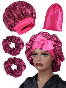 5Pcs Set Large Satin Bonnets With Scrunchies For Women, Elastic Wide Brimmed Leopard Hair Bonnet Long Elastic Tie Bonnet For Sleeping Braids Curly Hair 1PC Satin Bags 2pcs 2 PCs Scrunchies Hair Care Set Night Sleeping Travel Storage Bag Pink Brown Hot Pink Gift For Women