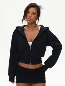 WAKYME Versatile Dark Grey Cinched Waist Sweatshirt For Women, Loose Casual Streetwear Round Neck Pullover Sweatshirt, Autumn/Winter - Black - View 5