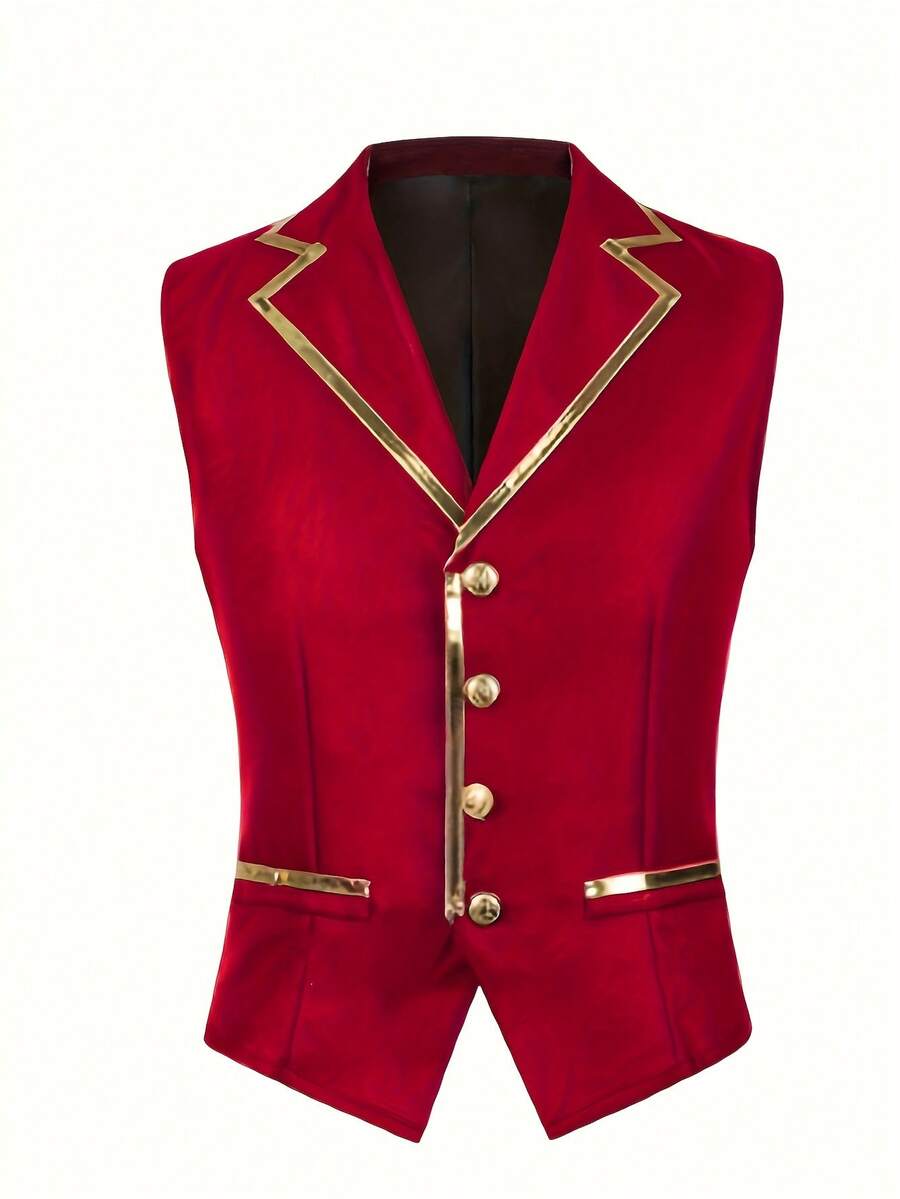 男士翻领无袖时尚前扣中世纪短款背心角色扮演服装 - 紅色 - 查看 1
