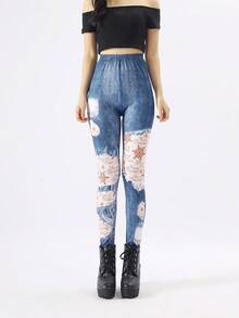1 Pair Blue Denim Snowflake & Christmas Print Leggings, Minimalist Skinny Pants, Autumn/Winter