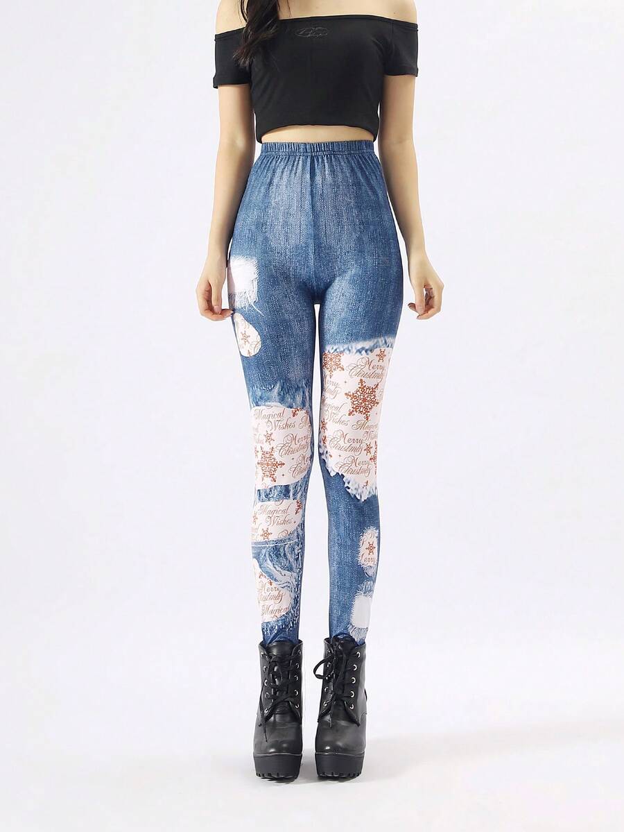 1 Pair Blue Denim Snowflake & Christmas Print Leggings, Minimalist Skinny Pants, Autumn/Winter