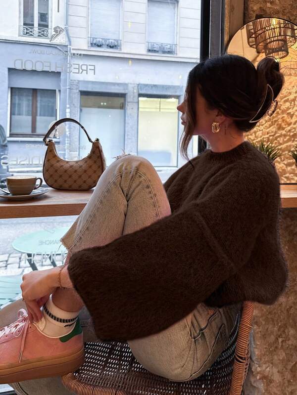 Autumn And Winter New Girl Sense Of Pink Round Neck Long-Sleeved Knit Sweater Women's Loose Simple Versatile Drop-Shoulder Pullover Sweater