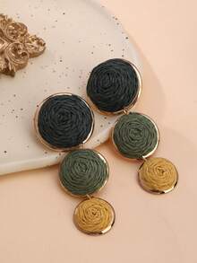 1 Pair Handmade Paper Yarn Woven Gradient Green Geometric Earrings, Stylish And High-End, Suitable For Vacation, Party And Daily Wear - Army Green - View 2