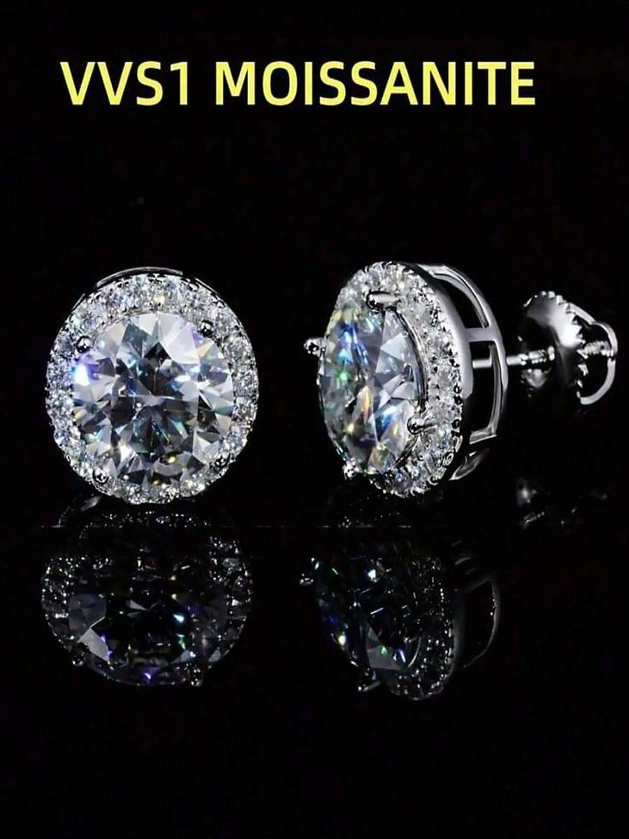 1Pair 2 Carat VVS1 Moissanite Earrings - Hypoallergenic Round Simulated Gem Studs, Unisex Sparkling Jewelry For Daily/Special Occasion, Luxury Gift For Adults - 銀色 - 查看 1