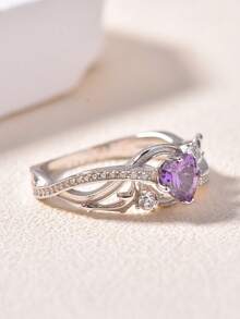 1pc S925 Silver Dolphin Heart Shaped Ring With Purple Main Stone, Suitable As Jewelry Gift For Wedding, Party, Birthday, Friends & Family, Mother's Day