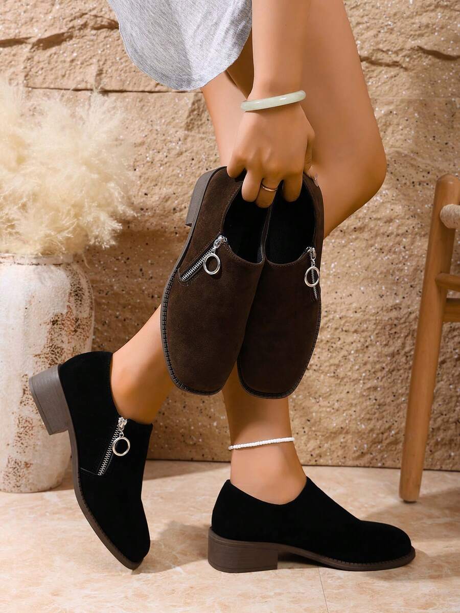 Scarpe da donna con punta affusolata, slip-on con suola spessa, punta tonda con cerniera laterale, leggere e alla moda, in colore unito, casual e adatte per abiti, con tomaia in finta pelle scamosciata morbida e confortevole, adatte per tutte le stagioni e occasioni