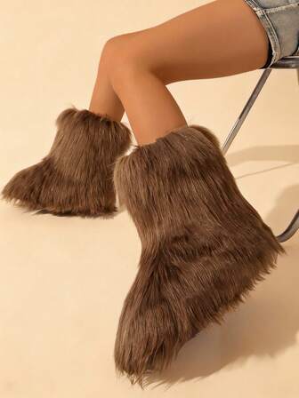 2025 秋冬新款人造毛皮蓬松雪地靴，温暖的 Y2K 女式毛茸茸靴子