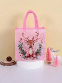 4/8pcs Pink Christmas Tote Bags With Handles, Santa Claus Elk Bell Pattern Reusable Gift Bags, Grocery Shopping Bag, Non-Woven Bags, Party Favors Bags, Festive Christmas Decorations For Home 2025 Xmas Gifts Christmas New Year 2026 Packaging Bags