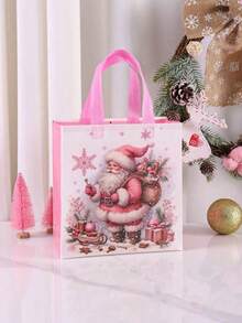 4/8pcs Pink Christmas Tote Bags With Handles, Santa Claus Elk Bell Pattern Reusable Gift Bags, Grocery Shopping Bag, Non-Woven Bags, Party Favors Bags, Festive Christmas Decorations For Home 2025 Xmas Gifts Christmas New Year 2026 Packaging Bags