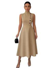 Women's Elegant Evangelical Sleeveless Midi Dress, High Neck With Side Buttons, Chic Tailoring, Casual And Party Wedding Dress - 卡其色 - 查看 2
