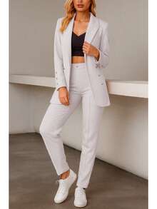 Elegante conjunto de traje liso de manga larga con cuello chal y doble botón para mujer, con bolsillos, para oficina y trabajo. - Blanco - Ver 3