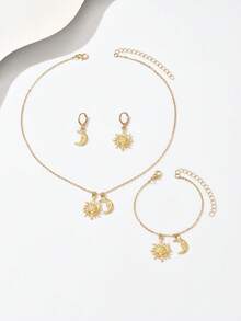 1 Set Damen Vintage modischer Metall Sonne & Mond Kombinations-Armband, Halskette, Ohrringe, kreativ & vielseitig für den täglichen Gebrauch