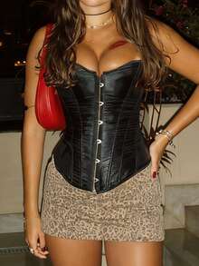 Apperloth Trages Corset Bustier Solid Back Lacing Waist Trainer Abdomen Support Boned Tops Evening Party Date Night Outfits Halloween Two Pieces Set Women - Black - View 5