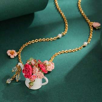 1 pieza Elegante collar con colgante de tetera de flor de rosa esmaltada blanca con borla, collar gargantilla de lujo con diseño floral de tetera adecuado para uso diario de mujeres
