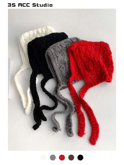 1 件女士纯色厚针织护耳拉法帽，秋冬新款保暖修脸针织帽，简约纯色拉法帽针织保暖耳罩头饰