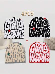 2pcs "GRVTY VISIONS" Hip Hop Beanie Cap Unisex Y2k Fashionable Cold Knitted Hat Outdoor Winter Thermal Cap Men's & Women's Wear Fall Outfit