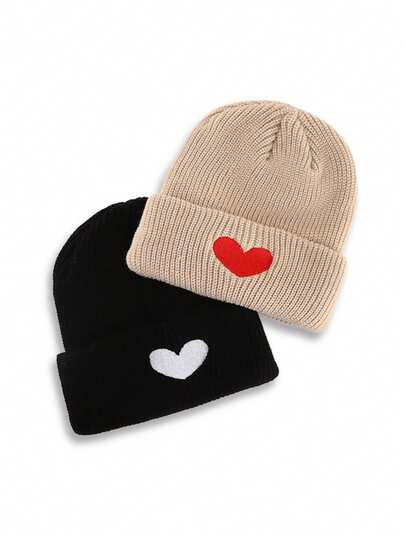 1PC Autumn And Winter Heart Embroidery Knitted Hat Warm Cold Hat For Men And Women, Suitable For Outdoor Shopping, The Best Choice For Gifts