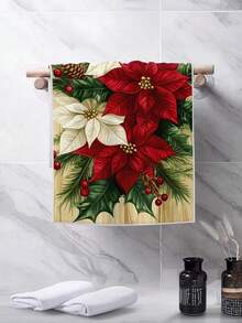 1/2/4pcs Festive Christmas Towels - Polyester, Quick-Dry & Absorbent, Machine Washable With Holiday Poinsettias & Holly Design, Perfect For Kitchen & Bathroom Decor, Ideal For Holiday Table Settings & Gifts, Holiday Table Decor | Cartoon Themed Towels | Quickdry Fabric, Christmas Towels