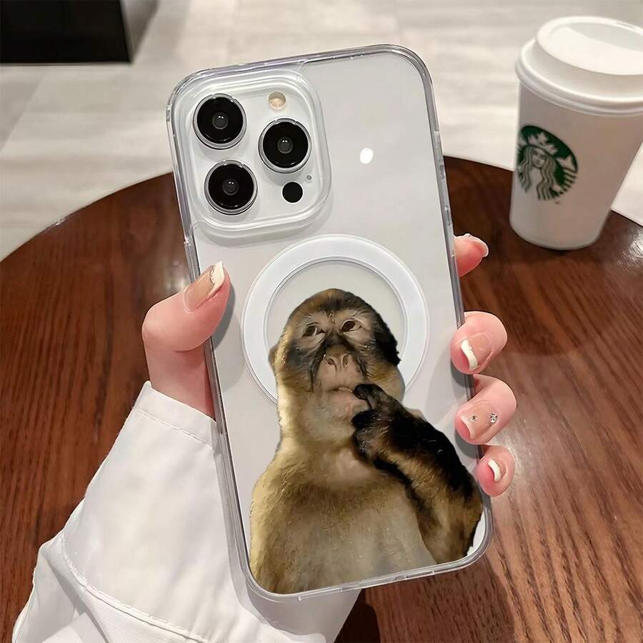 Cute Monkey Pattern Magnetic Clear Shockproof Protective Slim Thin Luxury Phone Case Cover For IPhone X Xsmax 11 12 13 14 15 16 17 Pro Max Plus Air MagSafe - Trong sáng - Xem 1