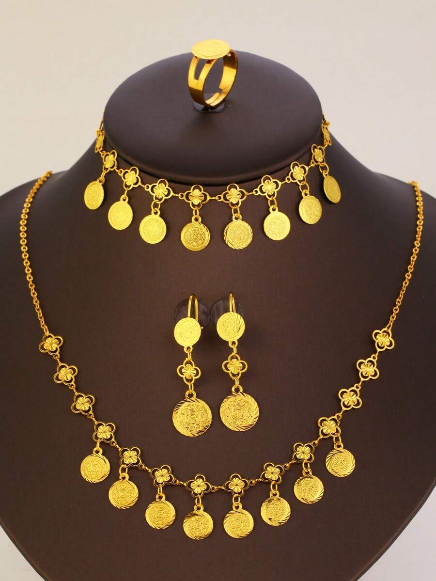 5pcs/Set Copper Gold-Plated 18K Coins Women's Set Round Coin Necklace Bracelet Ring Earrings Jewelry Suitable For Daily Holiday Wear