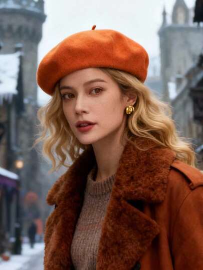 1pc Solid Color Wool Beret Hat, Versatile Winter Beanie Cap For Women, Retro Artist Style