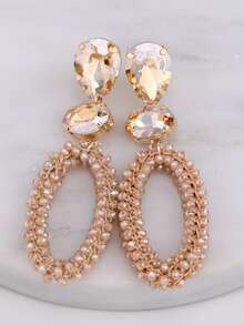 1 Pair Handmade Bohemian Beaded Crystal Oval Dangle Earrings, Handcrafted Jewelry Gift For Women