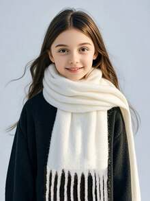1pc Solid Color Scarf, Winter Warm Neck, Thickened Wool Knitted Thick Fringed Shawl, Winter Scarf - Multicolor - View 12