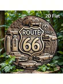 [2D Flat] Route 66 Vintage   Wall Art - Retro Aluminum Sign With Classic Cars & Americana Theme, 8x8 Round Decor For Home, Garage, Cafe, Or Dining Room - 鏽棕色 - 查看 1